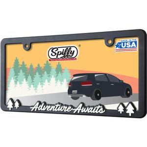 Adventure Awaits License Plate Frame Holder for US/CAN by Spiffy | Cool Exterior Accessory Matte Finish with Glossy Lettering | Weatherproof | Great Gift | Off-Road RV or Camper Van | Made in The USA