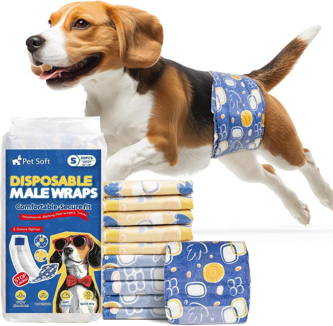 Pet Soft Dog Diapers Male,20 Ct Disposable Male Dog Wraps, Super Absorbent Doggie Belly Band with Wetness Indicator, Leak-Proof Puppy Pampers for Puppy Training, Incontinence, Small