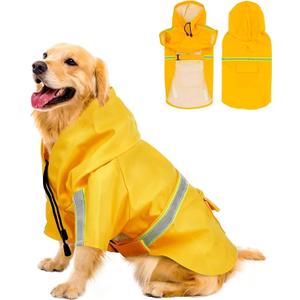 Reflective Strip Dog Raincoat, Ultra - Light Breathable Waterproof Rain Jacket with Hood, Adjustable Sizes for Small/Medium/Large Dogs, (XL)