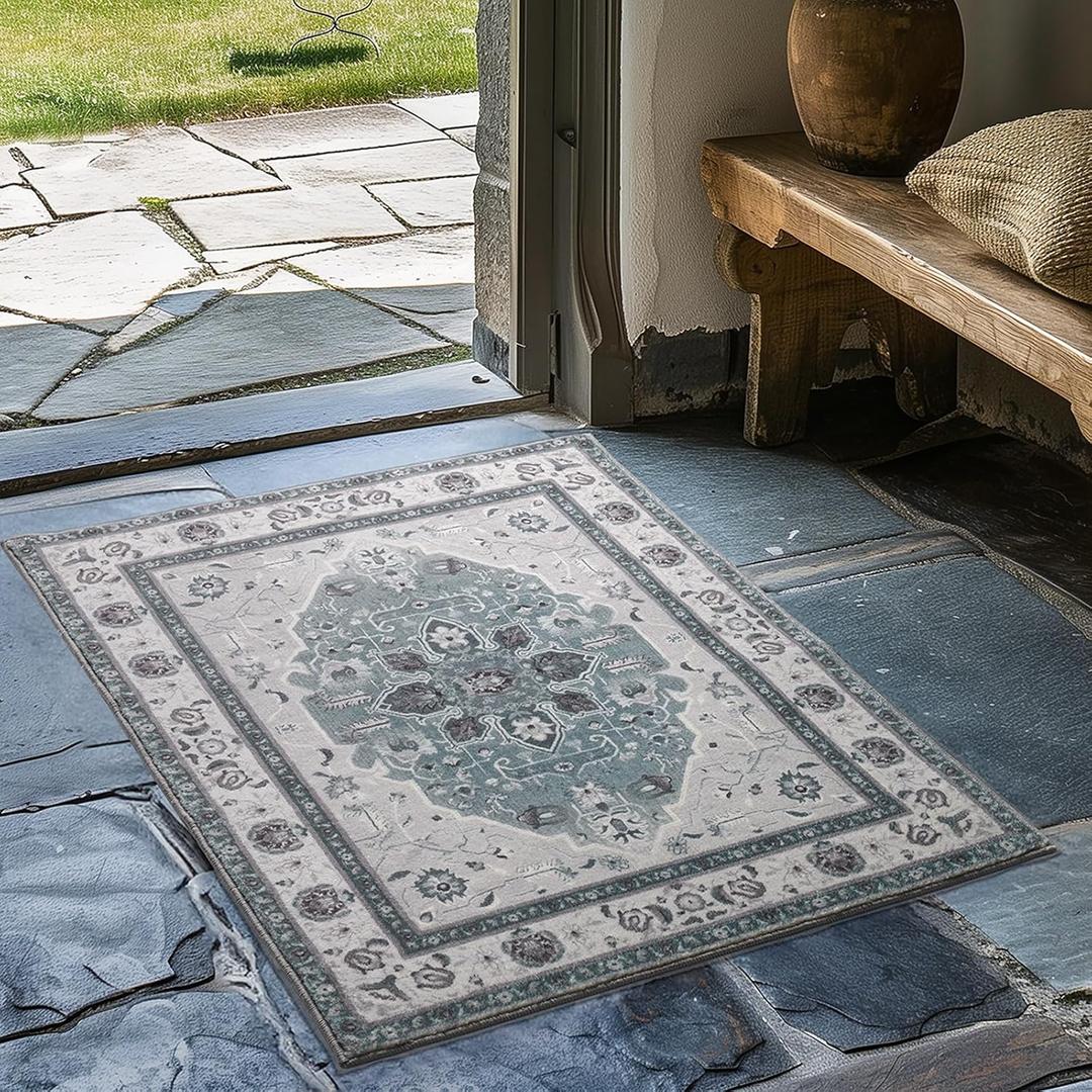 EVERGRACE Faux Wool Area Rugs 2'x 3' Boho Medallion Rugs for Living Room Indoor Outdoor Rugs for Bedroom Dining Room Entryway Kitchen Low Pile Washable Floor Mat Carpet, Steel Gray