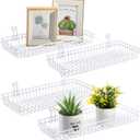 Blulu 4 Pcs 15.75 x 5.91 x 1.97 Inch Metal Grid Wall Baskets with Hooks Grid Wall Shelves Hanging Wire Basket Multi Function Storage Organizer for Kitchen Organizing Display (White)