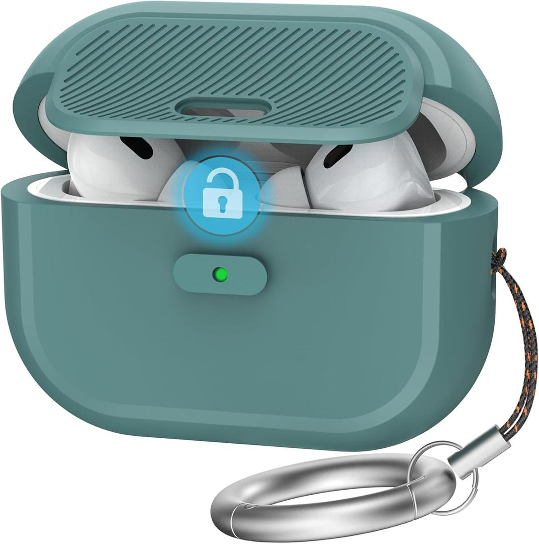 TRONWIN AirPods Pro 2 Case - with Lock One Piece Design AirPods Pro Case (2nd/1st gen), Soft Silicone Full Protective Cover with Easy Open/Close Lock for Women/Men (Pine Green)