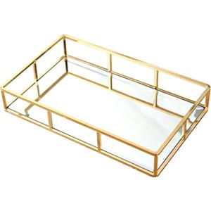 PuTwo Tray Mirror, Gold Dresser Ornate Tray Metal Decorative Tray Jewelry Perfume Organizer Makeup Tray for Vanity, Dresser, Bathroom, Bedroom