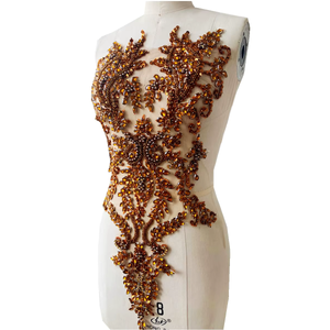 Handmade Bodice Rhinestones Applique Sewing Glass Beads Stones Crystal Trim Lace Patches for Dress Clothing Accessories 23X14 inches (Brown)