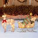WATERGLIDE Set of 2 Christmas Decorations Outdoor, 23 Inch Lighted Reindeer & Santa Sleigh, Pre-Lit Xmas 2D Yard Decor with Lights, Plug in for Festive Holiday Front Door Garden Patio Lawn Display