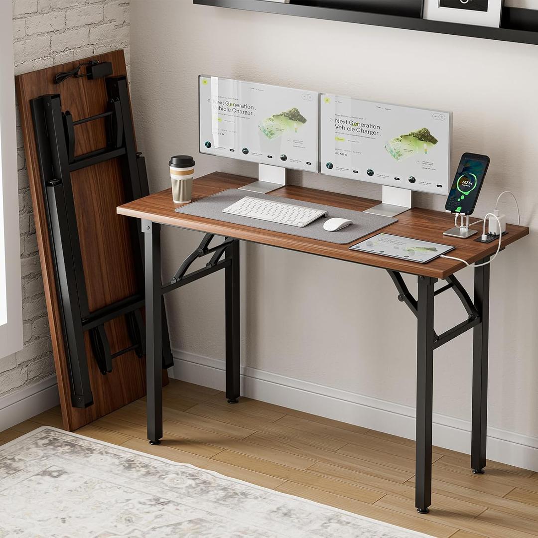 Frylr Small Folding Computer Desk 43.3 Inch Portable Table for Craft and Study, Lightweight Desk for Small Spaces, Foldable Laptop Table Built-in AC/USB Outlets for Convenience, Dark Walnut