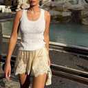 ABYOVRT Women Satin Lace Shorts Silky Pajama Lounge Shorts Elastic Waist Chic Sleepwear Bottoms (Beige, M)