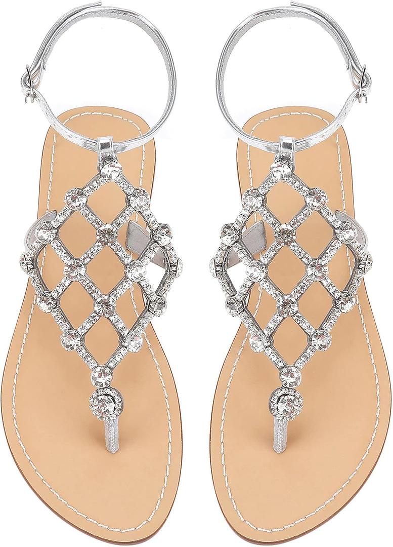 UTIKLIOU Women's Rhinestone Flat Sandals T-Strap Thong Sandals Summer Flat Sandals Flip Flop Sandals for Women (11.5)