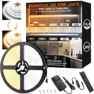 16.4ft Dimmable White LED Strip Light Kit, Dimmable 3000K-6500K, 24V Strip Lights with Remote Control, Flexible LED Strip Light, Eye Protection for Bedroom, Home Lighting, Mirror, Kitchen, Bar Cabinet (Multicolor)