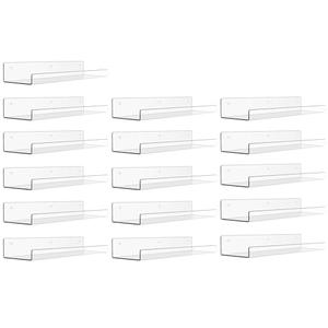 upsimples 16 Pack Acrylic Shelves for Wall Storage, 15" Floating Bookshelves for Kids, Display Shelf Organizer for Bathroom, Bedroom, Living Room, Kitchen, Room Decor, Clear