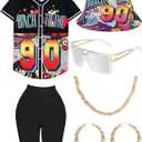 80s 90s Outfit for Women, Unisex Hip Hop Costume Baseball Jersey Shirt Yoga Pants Bucket Hat Gold Chain Rapper Accessories Large, Black (Pattern Hat-2)