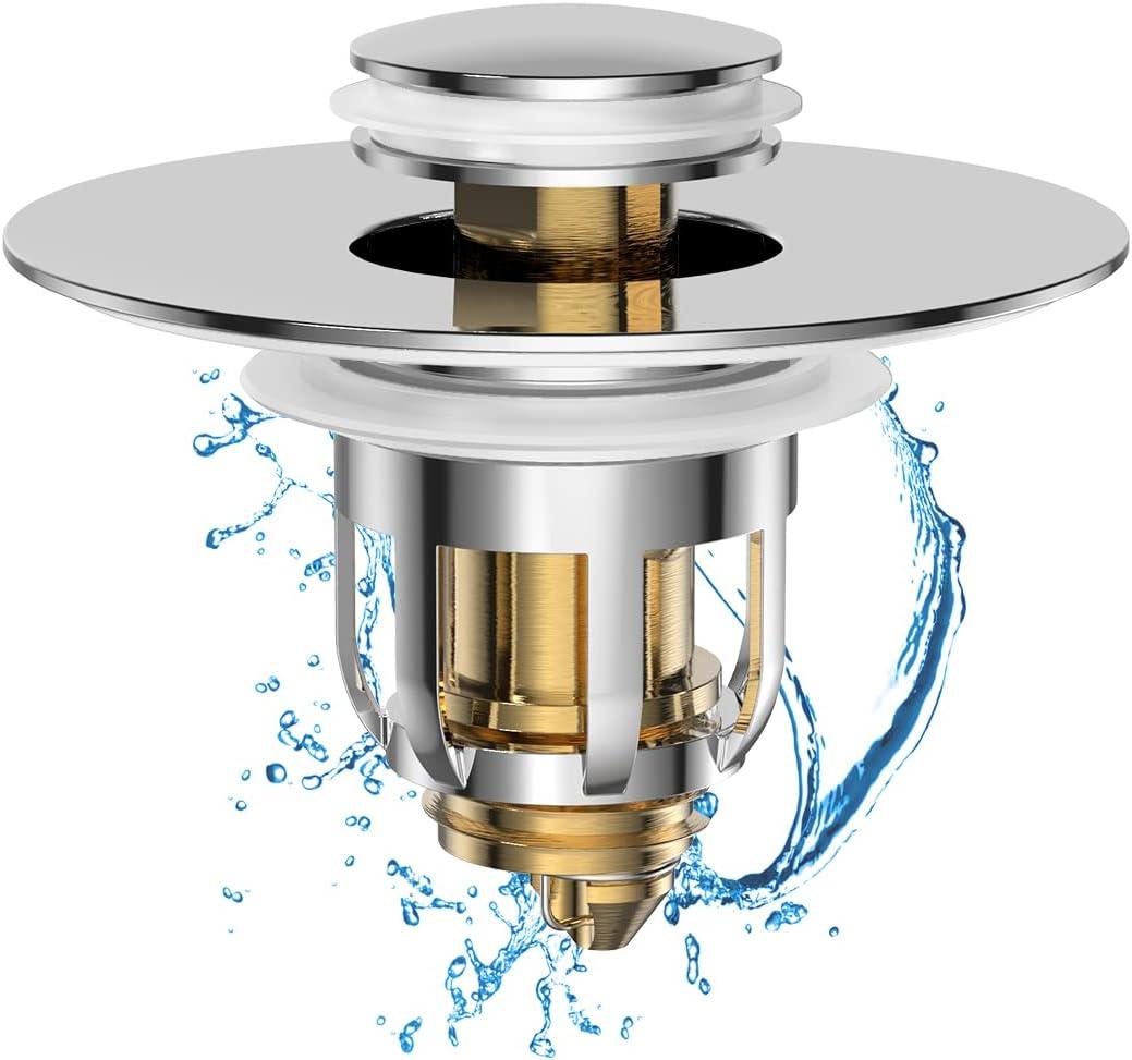 Universal 2 in 1 Bathroom Sink Stopper, Pop Up Bathroom Sink Drain Strainer with Anti-Clogging Filter Basket, Bathroom Drain Stopper Sink Plug for 1.06"-1.65" Basin Drain Holes (Chrome Silver)