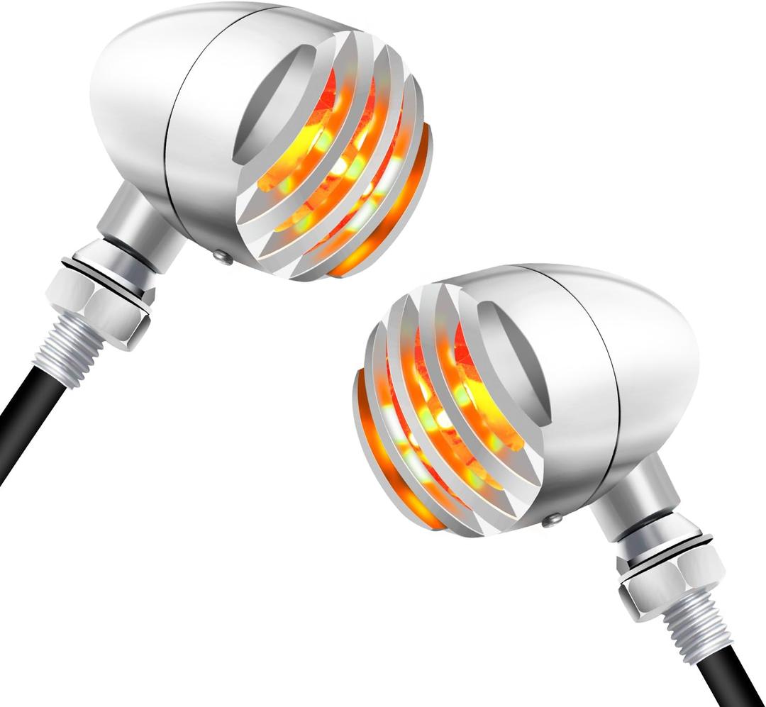 NTHREEAUTO Universal Motorcycle Blinkers Bullet LED Turn Signals Indicator Front Compatible with Harley Dyna, Honda Shadow, Kawasaki Vulcan, Yahama, Bobber, Suzuki 12V Motorbikes (Chrome/Amber)