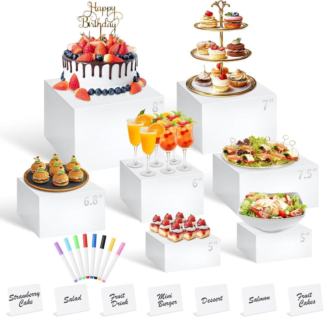 7Pcs White Acrylic Buffet Risers with Mini Sign and Marker, Food Display Risers for Party Catering Dessert Jewelry Collectibles,Acrylic Cube Nesting Boxes with Hollow Bottoms(8" 7.5" 7" 6.8" 6" 5" 5")