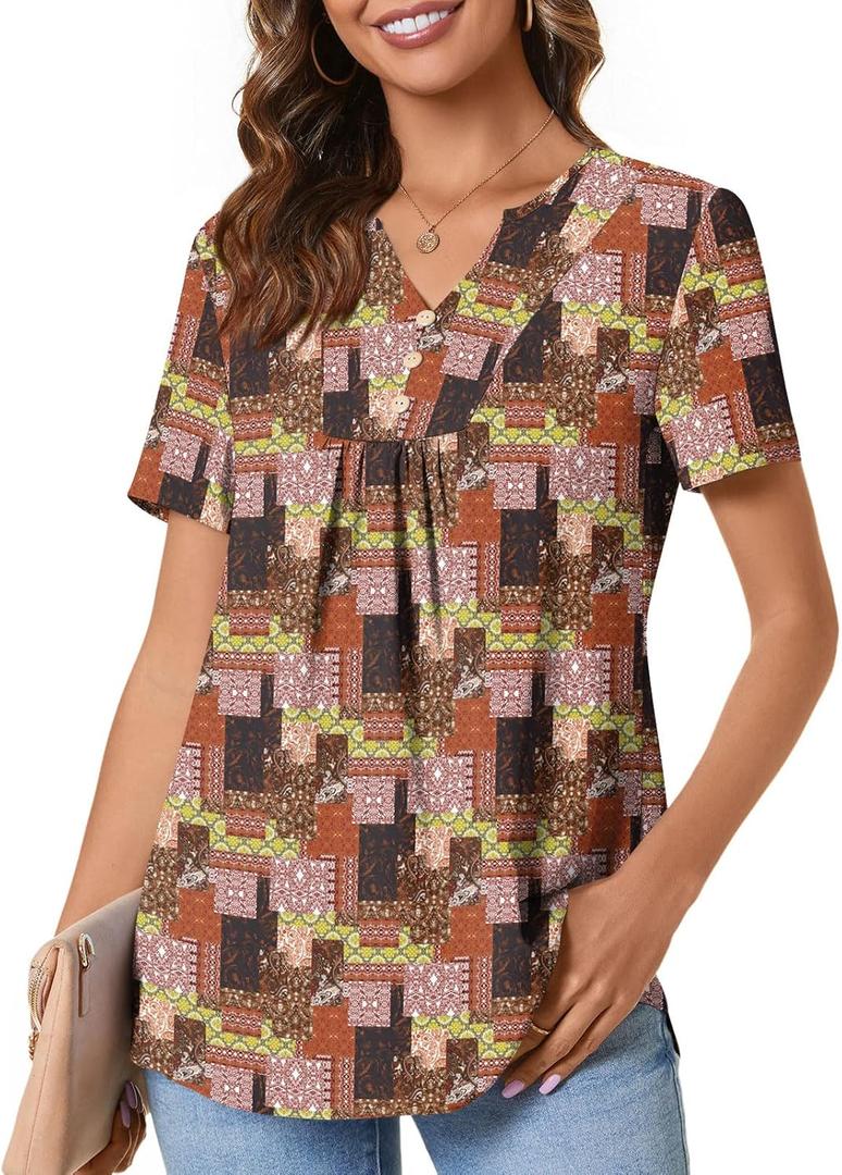 3 x Anydeer Womens Short Sleeve Summer Tunic Tops Dressy Chiffon Blouse Henley Shirts 2025 Casual Pullover (L)