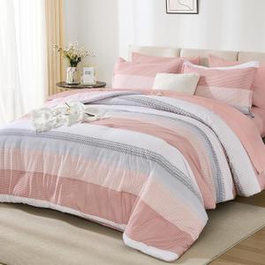 Andency King Size Comforter Set 7 Pieces - Pink Striped Lightweight Bed in a Bag, Fully Breathable All Season Bedding Set with Comforter, Fitted & Flat Sheet, Pillowcases & Shams