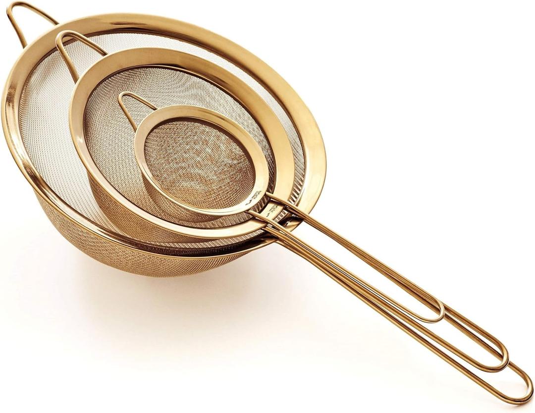 Strainer Set Fine Mesh  Premium 304 Stainless Steel (18/8)  8, 5.5 and 3.3 Sturdy Kitchen Strainers (Gold)