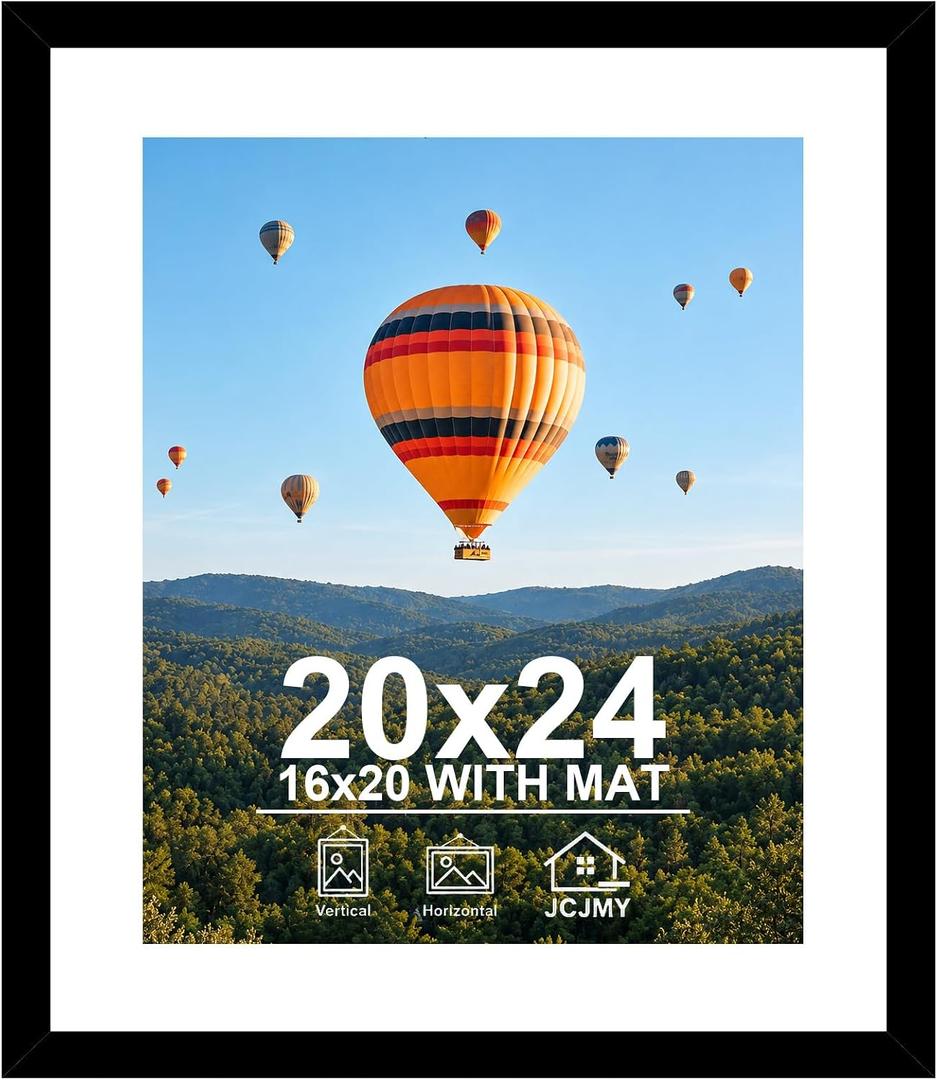 JCJMY 20x24 Picture Frame with 16x20 Mat, Display Photo 16x20 with Mat or 20 x 24 Without Mat, Wall Hanging Large 20 by 24 Poster Frame with Plexiglass, Black