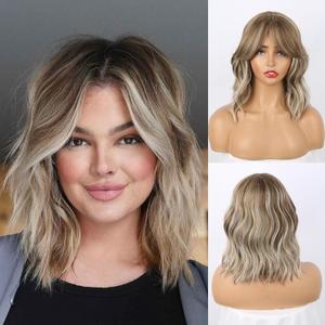 Short Ombre Highlight Honey Blonde Wavy Bob Wig with Curtain Bangs,Short Ombre Highlight Ash Brown Mixed Golden Blonde Curly Wavy Wig Light Brown Bob Shoulder Length 14inch