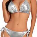 Century Star Women Tie Side Bottom Padded Top Triangle Bikini String Bathing Suit Two Piece Swimsuit (4-6, Silver)