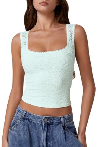 QINSEN Lace Top for Womens Square Neck Slimming Fit Lace Trim Cami Tops Camisole Airy Blue L