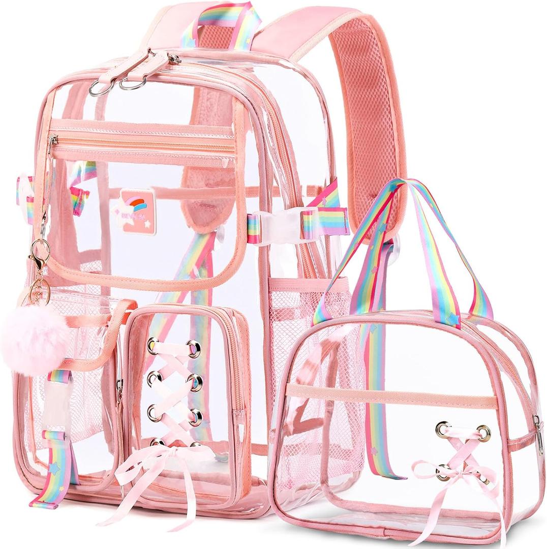 Bevalsa Clear Backpack for Girls, Transparent Backpack with Lunch Bag for Kids Elementary Middle High school Student, Heavy Duty See Through Clear Bookbag Stadium Approved (Pink)