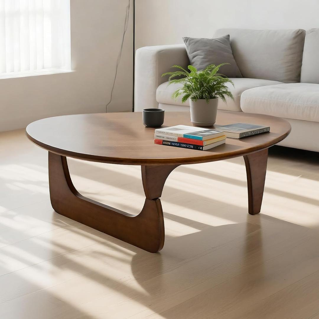 Solid Wooden Modern Triangle Coffee Table: Unique Funky Coffee Tables for Living Room, Oval Mid-Century Irregular Abstract Tea Tables for Patio Office Balcony Bedroom (Walnut, 33" L x 22" W x 16" H)
