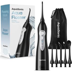 AquaSonic Aqua Flosser - Cordless Rechargeable Water Flosser for Teeth - Waterproof, Portable Oral Irrigator for Dental Cleaning with 5 Jet Tips  Braces Home Travel (Black)