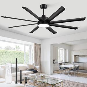 ZMISHIBO 72 Inch Ceiling Fans with Lights, Indoor/Outdoor Industrial Ceiling Fan with 8 Aluminum Reversible Blade, Quiet DC Motor, 3CCT&6-Speed Remote Control, Damp Rated for Living Room/Garage/Gazebo (Black)