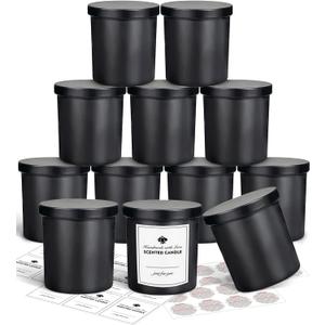 SUPMIND 12 Pack 10oz Glass Candle Jars with Lids and Sticky Labels, Empty Candle Jars for Making Candles Bulk Containers(Matte Black)