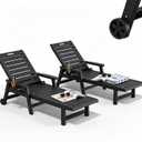 HDPE Outdoor Lounge Chair Set of 2 with Wheels & Cup Holder, Black