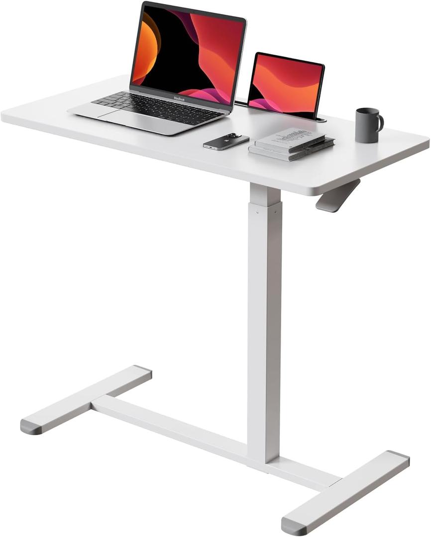 Gibbon Mounts Mobile Standing Desk, Pneumatic Adjustable Rolling Desk(31.5 Inches), Portable Laptop Desk with Wheels, Overbed Bedside Table Laptop Table for Couch, Home, Office, White, 32"
