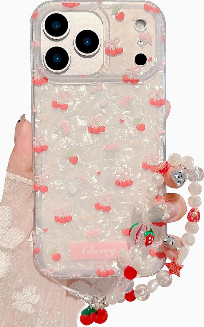 JANDM Compatible with iPhone 17 Pro Max Cherry Case with Strap,Cute Cherries Aesthetic Glossy Soft Slim Shockproof with Crystal Pearl Charm Keychain Women Girls Phone Cover