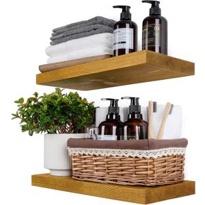 BGMG Wood Floating Shelves for Wall 18 inch Set of 2, Rustic Wooden Wall Mount Shelves for Living Room Bedroom Kitchen Farmhouse-18x6.7x1.25 inch- Gold Oak