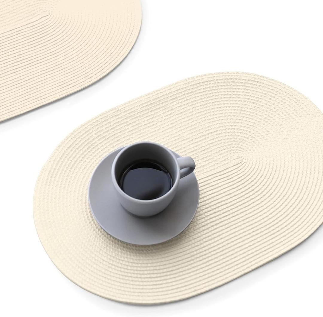 FunWheat Oval Braided Placemats Set of 6 Table Mats for Dining Tables Washable Heat Resistant Place Mats for Indoor Outdoor Use 12 x18 Inch(Oval Beige, 6pcs)
