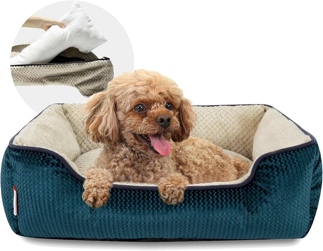 Miguel Medium Small Dog Bed with Washable Removable Cover - Rectangle Pet Bed for Indoor Cats with Bolster Soft Cuddle Bed for Puppies with Supportive Side Wall Slip-Resistant Bottom, Blue 25 Inches (M (25" x 21" x 8"))