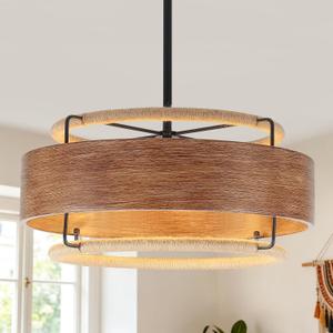 19.5" Rattan Chandelier 4-Light Wood Texture Farmhouse Boho Chandelier
Hanging Pendant Light Fixture for Dining Room Kitchen Island Foyer Hallway Bedroom