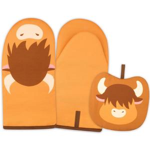 Oven Mitt, Cute Highland Cow Oven Mitts and Pot Holders Sets, Oven Mit Kitchen Mitts for Oven, Oven Mitts Heat Resistant Highland Cow Kitchen Decor & Gifts for Housewarming (Khaki)