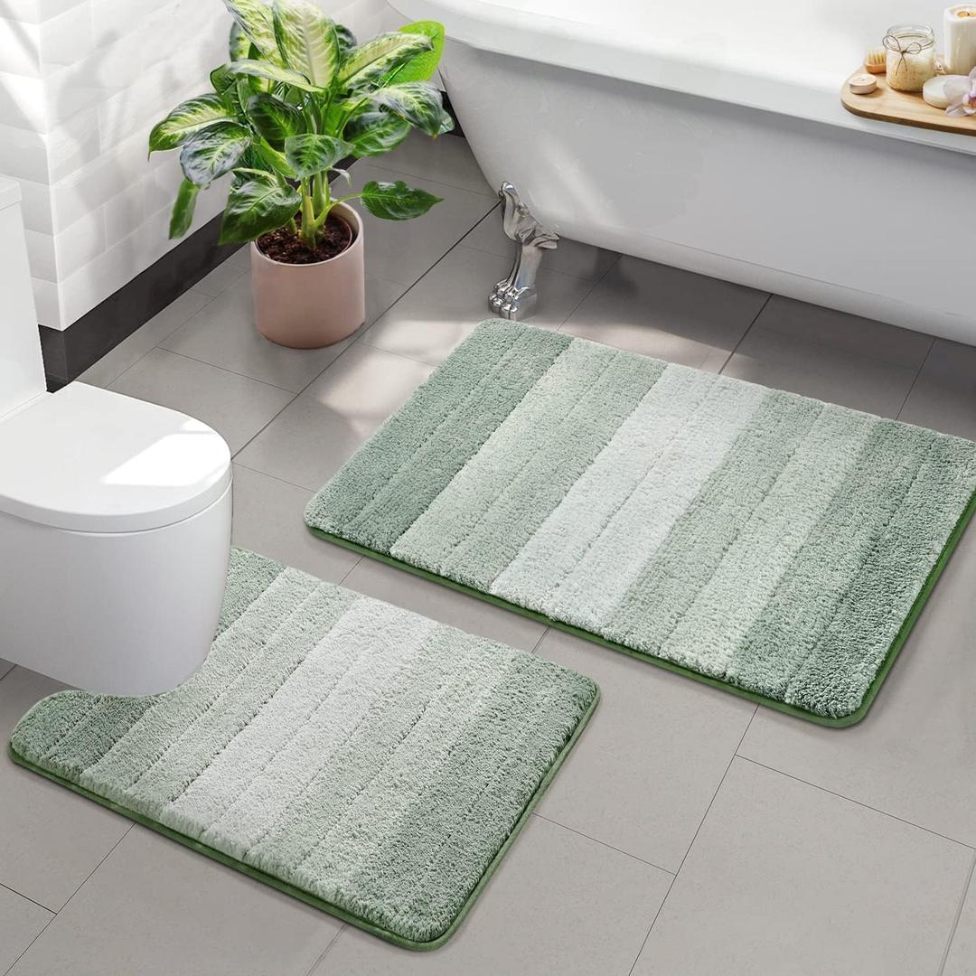 2 Piece Ombre Bath Mat Set for Bathroom, Non Slip Ultra Soft and Thick Water Absorbent Bath Carpet, Machine Washable & Quick Dry Bathroom Rug, for Bedroom Door Living Room Green