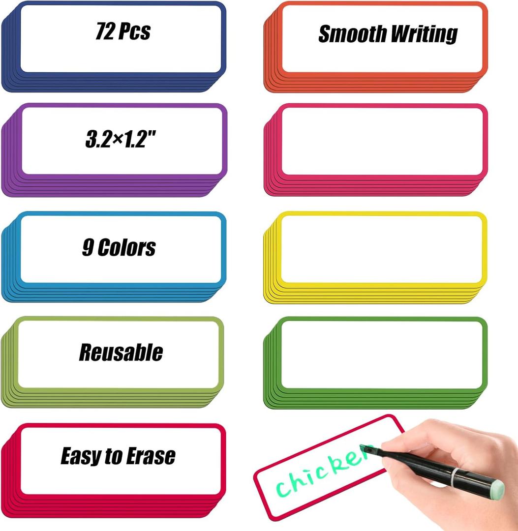72 Pcs Dry Erase Magnetic Labels, 3.2  1.2" Magnetic Name Tags Reusable Magnetic Label Stickers for Whiteboard, Refrigerator, Locker Classroom Office Home (Colored Border)