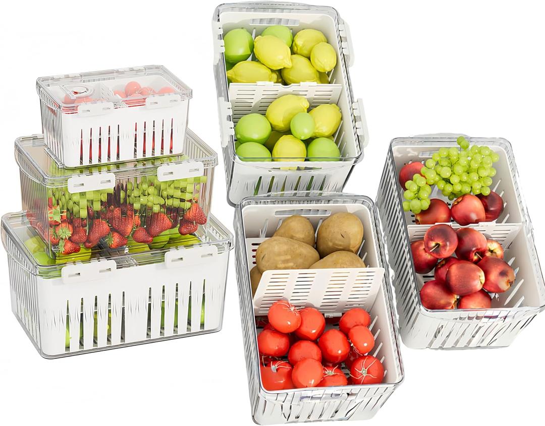 Large Fridge Organizer Bins, Fridge Fruit Storage Containers with Removable Colander, BPA-Free, for Keeping Meat, Vegetable, Egg & Fruit Fresh (3 Packs)