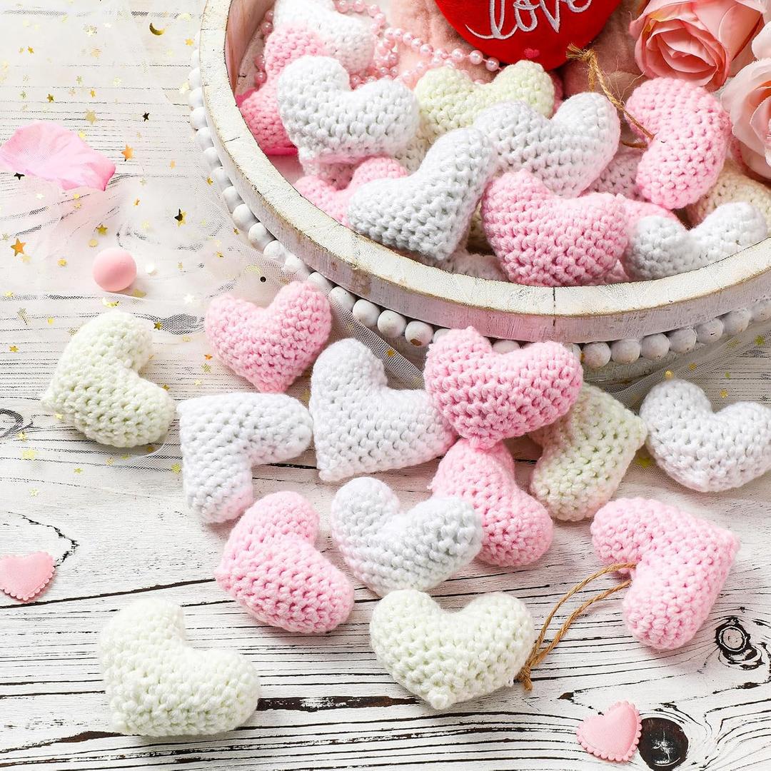 24 Pcs Valentine's Day Heart Ornaments Knitted Crochet Heart Tree Ornament 2.56 Inch Handmade Pink Cream White Valentine Bowl Vase Filler Valentine Gift for Home Christmas Tree Wreath Decor