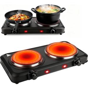 Double Burner Infrared Electric Cooktop, 2000W Double Burner Hot Plates for Countertop with 7.5 & 6.3 Glass Cooktop, Stepless Temperature Adjustments for Home RV Camping (Black)
