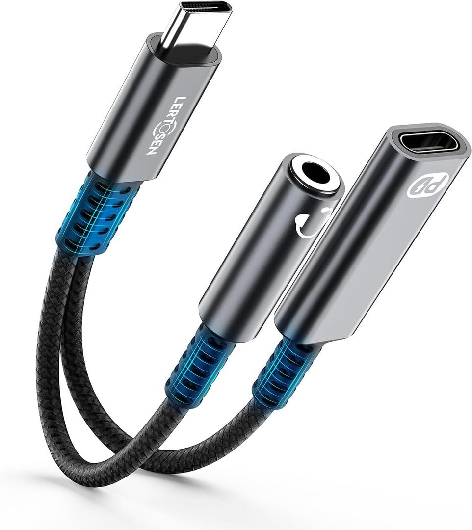 USB C to 3.5mm Headphone and Charger Adapter, 2-in-1 Type C to Aux Jack Audio Cable, PD 60W Fast Charging Dongle Splitter Cord for iPhone 17/16/15 Pro Max,Samsung S25/S24/S23,iPad Pro,Pixel (2 Port-Separate, Grey)