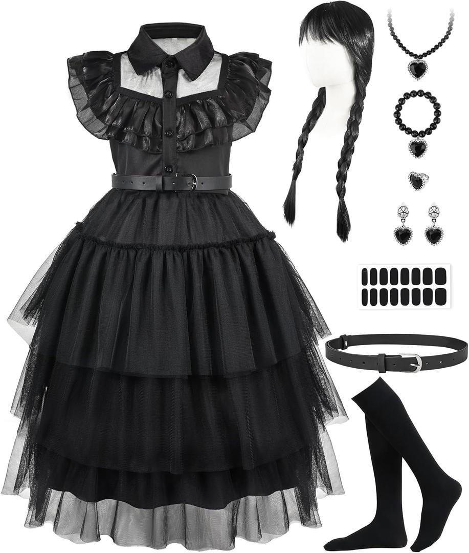 Black Halloween Costume for Girls 4-12, Kids Black Dress with Wig & Accessories, Cosplay Gift for Halloween (6-7 Years)