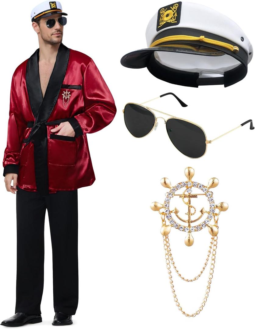 Halloween Hugh Hefner Costume Red Silky Robe Jacket & Pajama Pants Captain Costume Set with Hat Sunglasses Pipe Pin (Medium)