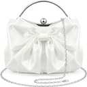 Bow Purse for Women, Bridal Clutch White Evening Bag, Ruched Purses Satin Silk Handbag with Chain Strap