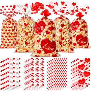Zonon 200 Pcs Valentines Treat Bags Bulk, 4 Assorted Styles Heart Clear Plastic Valentine's Day Cellophane Bags for Candy Gifts with 200 Pieces Twist Ties for Party Favor Kids Class Holiday Supplies