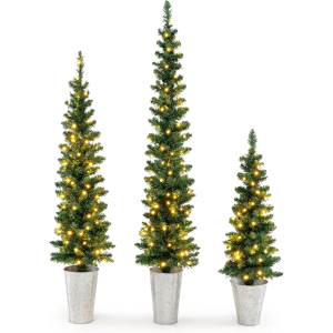 Goplus 3' 4' 5' Pre-Lit Artificial Christmas Tree Set of 3, Slim Pencil Potted Xmas Tree Battery Operated, Metal Bucket, Office Home Decor
