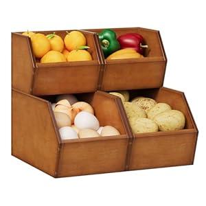Trironsun 2 Set Bamboo Pantry Storage Bins Wood Stackable Baskets Potato and Onion Storage Bins Fruits Vegetable Bread Organization for Kitchen Counter